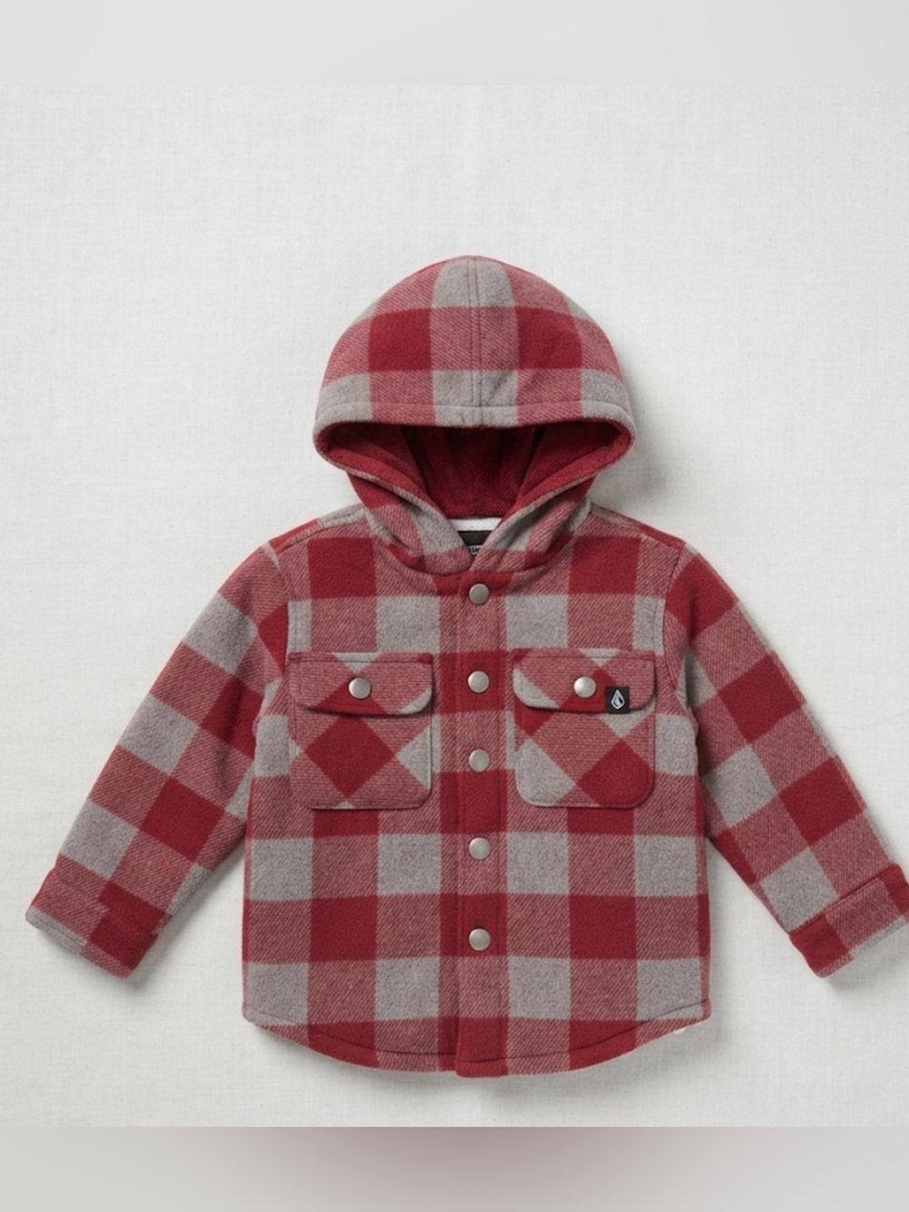 Volcom Toddler Flannel-Print Fleece Lined Hooded coat Jacket Red Gray 18M